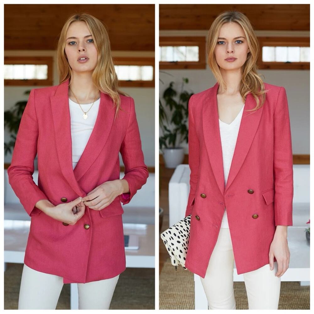 Emerson Fry Linen Double Breasted Blazer Jacket Preppy Office Workwear Pink 10
